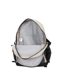 Zaino in tela con esterno crema e dettagli neri, dotato di interno grigio, scomparti con zip e tasche laterali in rete.