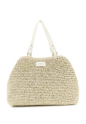 Borsa intrecciata beige con due manici bianchi intrecciati e una piccola etichetta rettangolare sulla parte anteriore.