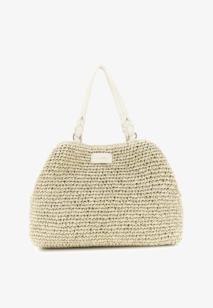 Beige geweven handtas met twee witte gevlochten handvatten en een klein rechthoekig label aan de voorkant.