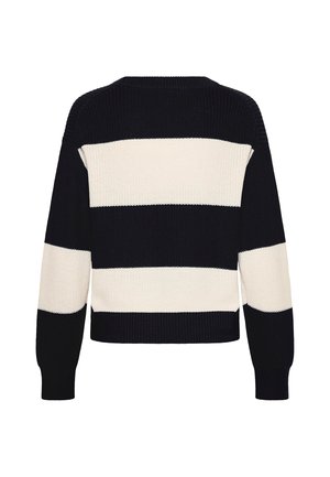 Črno-beli pulover s črtami, pleten s širokimi horizontalnimi pasovi na hrbtu in rokavih, z okroglim izrezom in dolgimi rokavi.