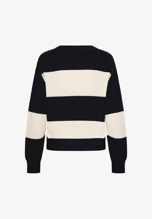 Fekete-fehér csíkos kötött pulóver, széles vízszintes csíkokkal a háton és a karokon, kerek nyakkivágással és hosszú ujjakkal.