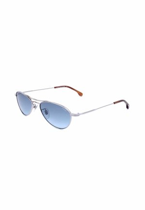 Occhiali da sole aviator argentati con lenti sfumate blu e montatura sottile in metallo, con punte in plastica marrone sulle astine.