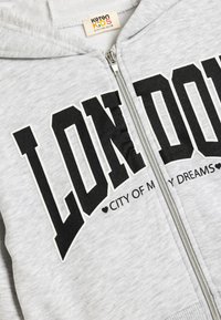 Grå zip-up hoodie med en mjuk textur, med fet svart text "LONDON" och "CITY OF MY DREAMS" under i mindre storlek.