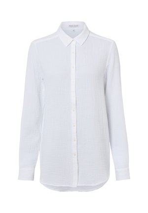 White long-sleeve blouse with a buttoned front, featuring a textured fabric and a classic collar. The hem is slightly curved.