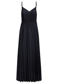 Zwarte mouwloze maxi-jurk met dunne bandjes, V-hals, getailleerd lijfje en geplooide rok tot op de vloer.