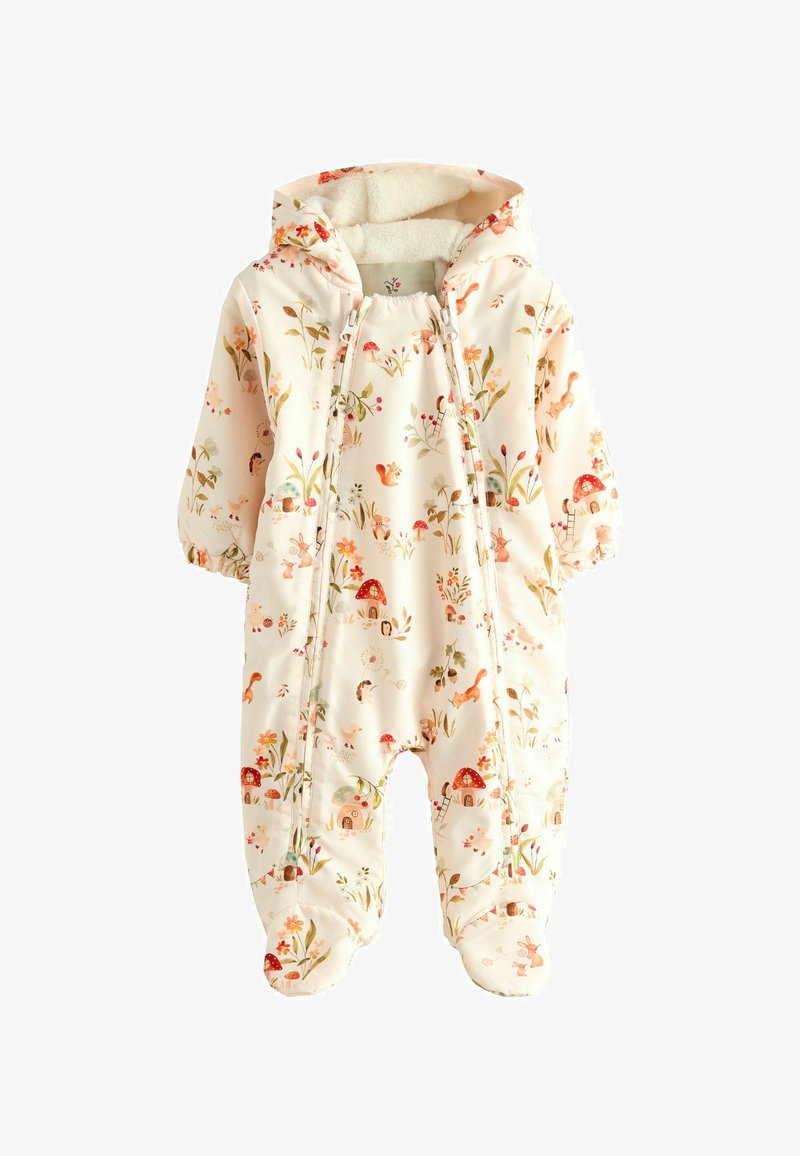 Combinaison de neige bébé couleur crème avec capuche, motif floral et animal, deux fermetures éclair à l'avant et couvre-pieds intégrés.