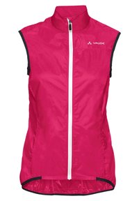 Gilet rosa senza maniche realizzato in tessuto leggero e lucido con collo alto, cerniera frontale bianca e dettagli neri nelle aperture per le braccia.