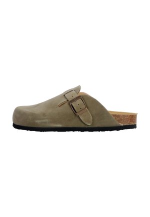 Green suede clog with a cork footbed, featuring a single adjustable buckle strap, rounded toe, and textured black rubber sole.