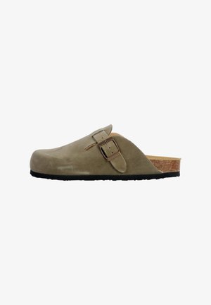 Green suede clog with a cork footbed, featuring a single adjustable buckle strap, rounded toe, and textured black rubber sole.