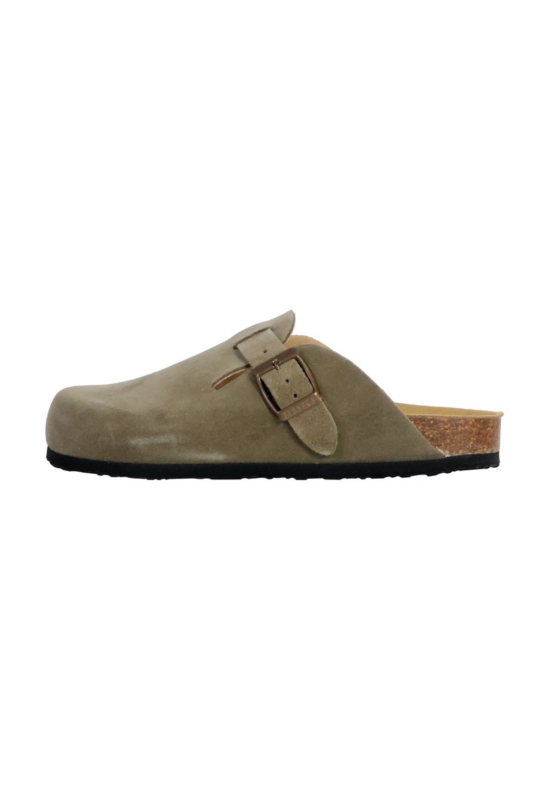 Green suede clog with a cork footbed, featuring a single adjustable buckle strap, rounded toe, and textured black rubber sole.