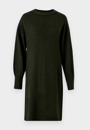 Vestido de punto verde oscuro con escote redondo, mangas largas abullonadas y puños acanalados. Diseño simple de corte recto sin estampados.