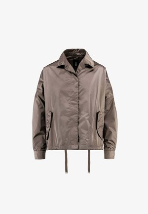 Lekka kurtka w kolorze taupe z długimi rękawami, przednimi kieszeniami, kołnierzem i regulowanymi troczkami u dołu.