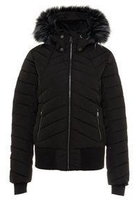 Veste d'hiver noire matelassée avec fermeture éclair à l'avant, deux poches zippées, poignets et ourlet côtelés, et une capuche bordée de fausse fourrure noire et grise.