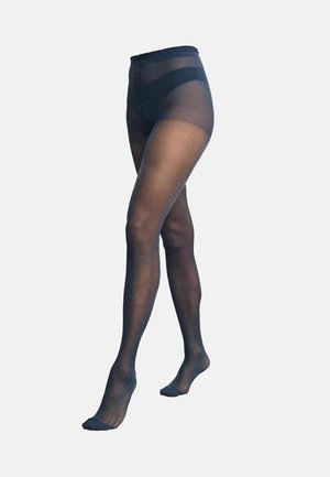 Collants noirs transparents avec une taille haute, présentant un léger effet scintillant et un bout renforcé. Texture lisse et design ajusté.