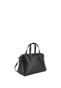 Borsa a mano in pelle nera con motivi in rilievo, duplice manico superiore, chiusura con zip e tracolla removibile. Texture liscia con accessori in argento.