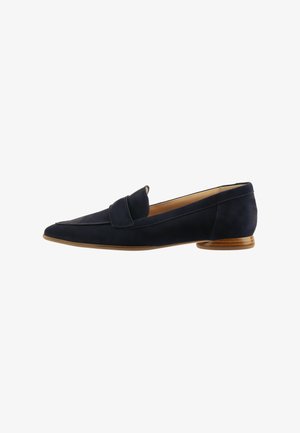 Navy blue suede loafers with a pointed toe, featuring a front flap detail and a light brown stacked heel. Smooth texture with minimal accents.