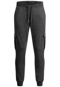 Joggers cargo gris foncé en tissu doux avec une taille élastique, un cordon de serrage ajustable et des poches latérales utilitaires.