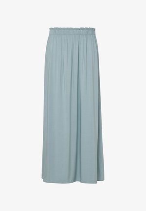 Jupe maxi bleu clair avec une taille élastique froncée, fabriquée en tissu doux, présentant des plis verticaux pour la texture et le mouvement.