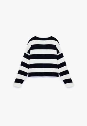 Maglione lavorato a maglia con audaci righe orizzontali blu navy e bianche, design cropped, maniche lunghe e scollatura rotonda.