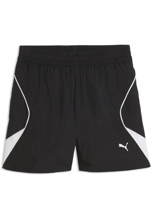 Sorte atletikshorts med hvide sidelommer, elastisk talje og lille hvid Puma-logo på venstre ben.