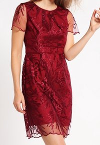 Burgunderrotes Kleid mit durchsichtigen, kurzen Ärmeln; aufwendige florale Stickerei; tailliert; knielang; strukturierter Stoff mit gewelltem Saum.
