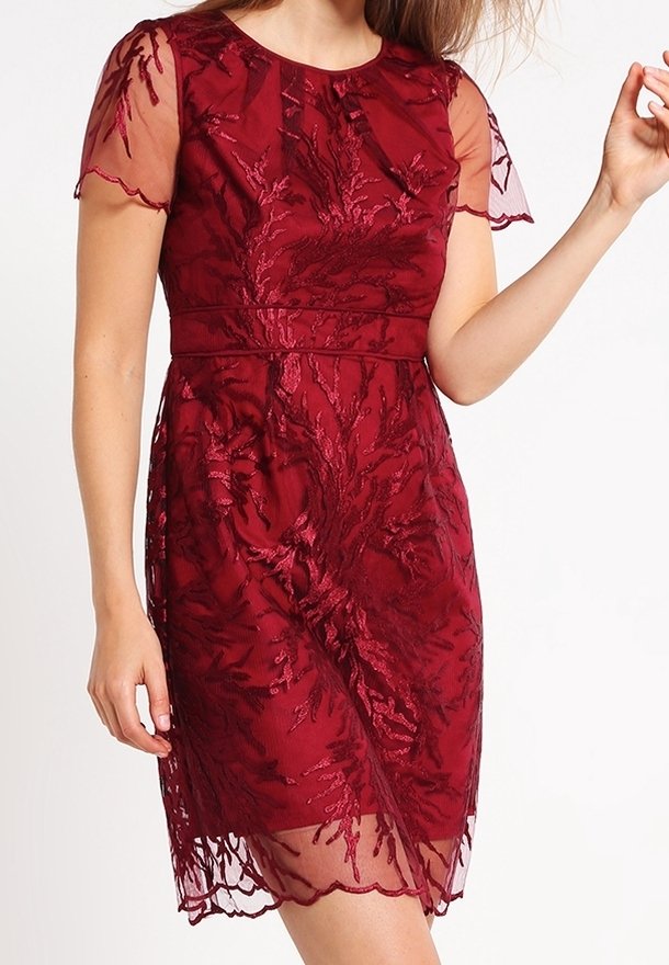 Burgunderrotes Kleid mit durchsichtigen, kurzen Ärmeln; aufwendige florale Stickerei; tailliert; knielang; strukturierter Stoff mit gewelltem Saum.