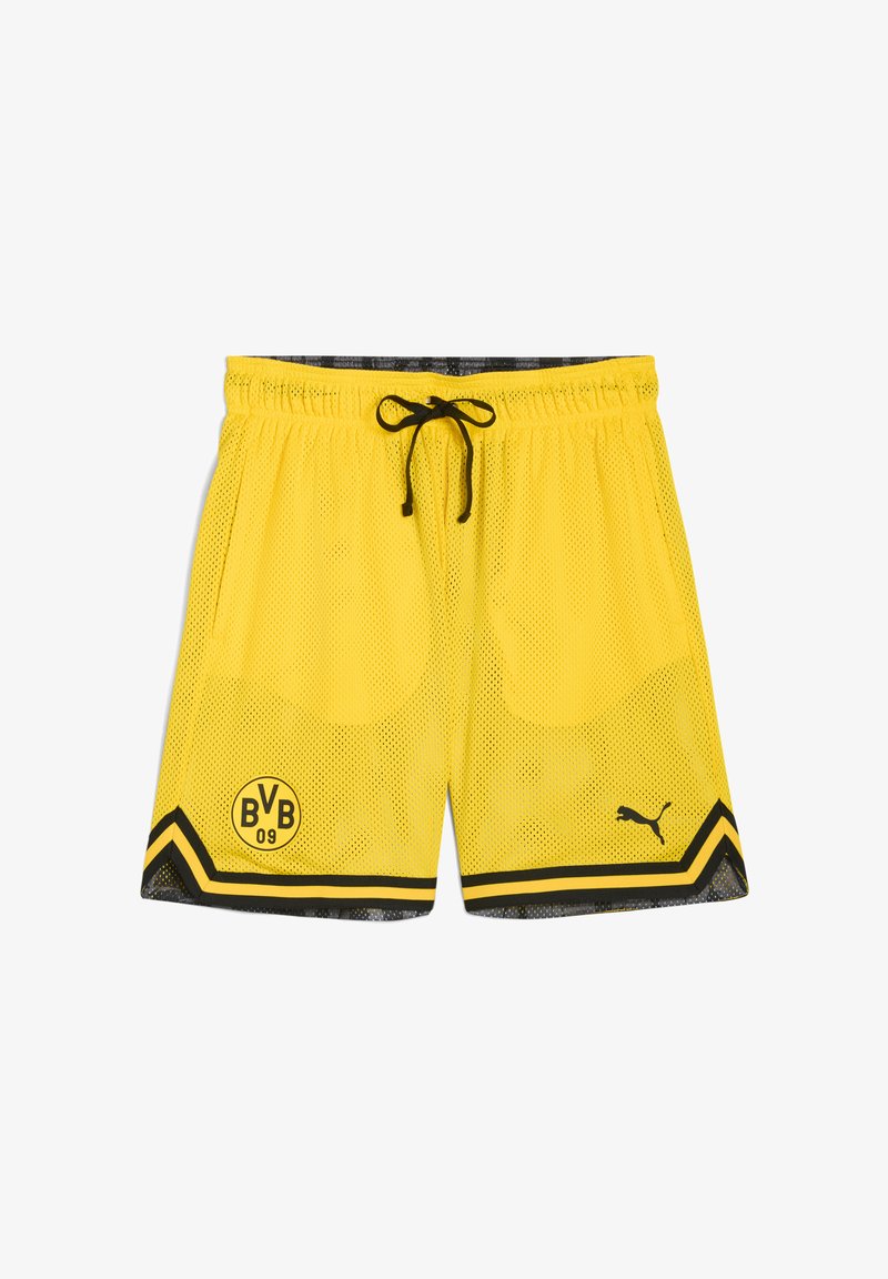 Gule mesh sportsshorts med sorte detaljer, der har en snøre i taljen, holdets logo og et diagonalt stribe mønster ved kanten.