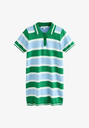 Lühikeste varrukatega polo-kleit rohekorraliste, helesiniste ja valgete horisontaaljookustega ning kolme nupuga krael.