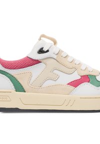 Multicolored sneaker featuring white leather, green and pink accents, a textured pink panel, and a beige rubber sole with a logo detail.