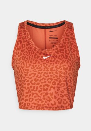 Orange Nike Dri-FIT slim fit sleeveless crop top with darker orange leopard spots and white Nike swoosh logo on chest.