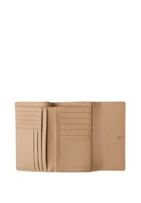 Beige Leder Geldbörse mit mehreren Kartenfächern, glatter Textur und Druckknopfverschluss. Im Inneren befindet sich ein sauberes, minimalistisches Design.