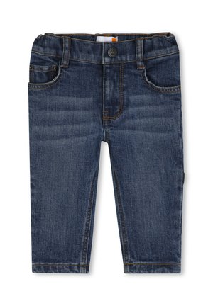 Jean en denim bleu foncé pour tout-petits avec poches avant, fermeture par bouton et couture orange.