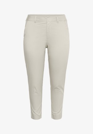 Hellbeige, verkürzte Hosen aus glattem Stoff, mit flachem Bund, Knopfverschluss und seitlichen Taschen. Sauberes, modernes Design.