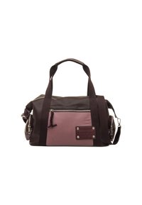 Reisetasche aus einem Mix von dunkelbraunem und pinkem karierter Textilien, mit Reißverschlussverschluss und abnehmbarem Schultergurt mit geflochtenem Akzent.