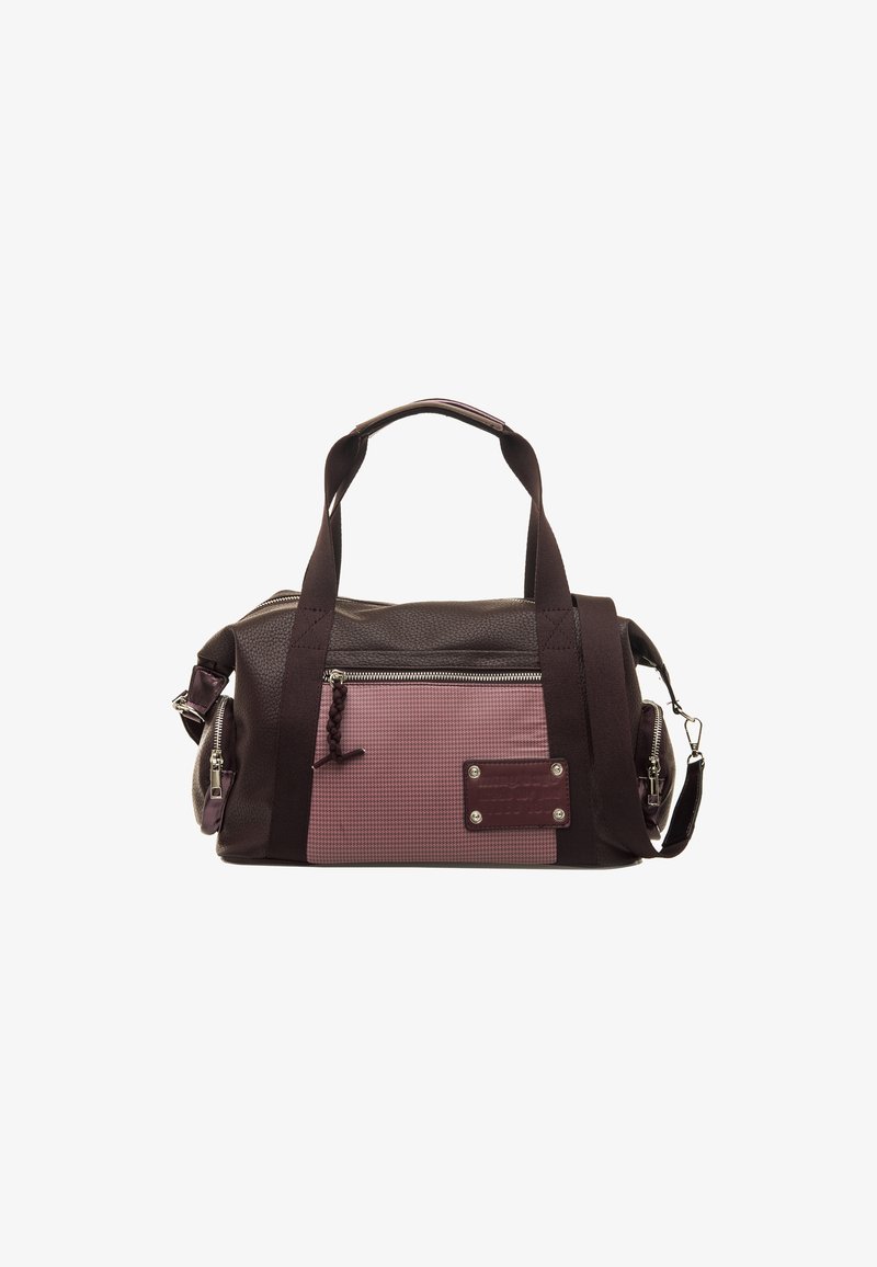Borsa a sacco realizzata in tessuto check marrone scuro e rosa, chiusura con zip e tracolla staccabile con accentuazione intrecciata.