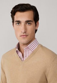 Maglione beige a V sopra una camicia colletto a righe rosa chiaro e bianco, con una texture liscia e un colletto ben definito.