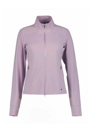 Světlá levandulová bunda na zip z měkké, pružné látky. Má zipové boční kapsy, vysoký límec a přiléhavé manžety. Hladká textura.
