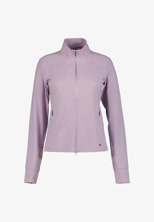 Světlá levandulová bunda na zip z měkké, pružné látky. Má zipové boční kapsy, vysoký límec a přiléhavé manžety. Hladká textura.