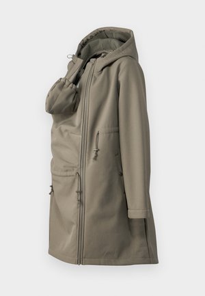 Lightweight beige hooded jacket with a textured interior, front zip, two patch pockets, and adjustable drawstrings at the waist and hood.