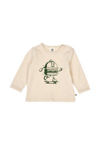 Cream long-sleeve shirt made of cotton, featuring a green cartoon burger character on a skateboard, with snap button detail on the shoulder.