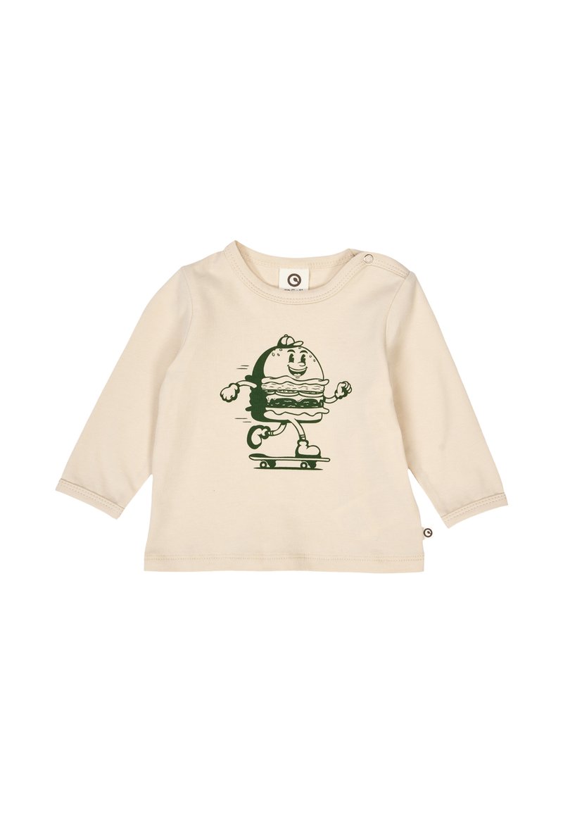 Cream long-sleeve shirt made of cotton, featuring a green cartoon burger character on a skateboard, with snap button detail on the shoulder.
