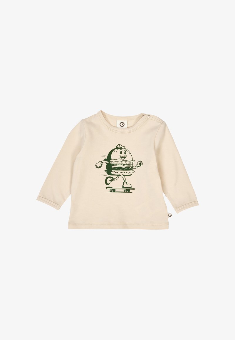 Cream long-sleeve shirt made of cotton, featuring a green cartoon burger character on a skateboard, with snap button detail on the shoulder.