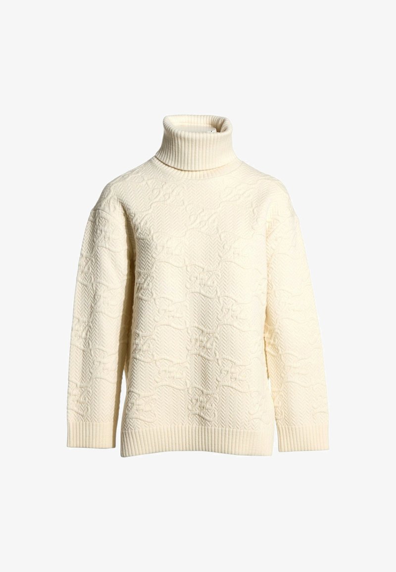 Pull à col roulé en maille couleur crème avec motifs floraux embossés, poignets, ourlet et col haut repliés côtelés.