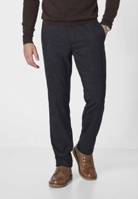 Dark gray textured trousers with a checkered pattern, straight-leg design, and side pockets, paired with brown leather shoes.