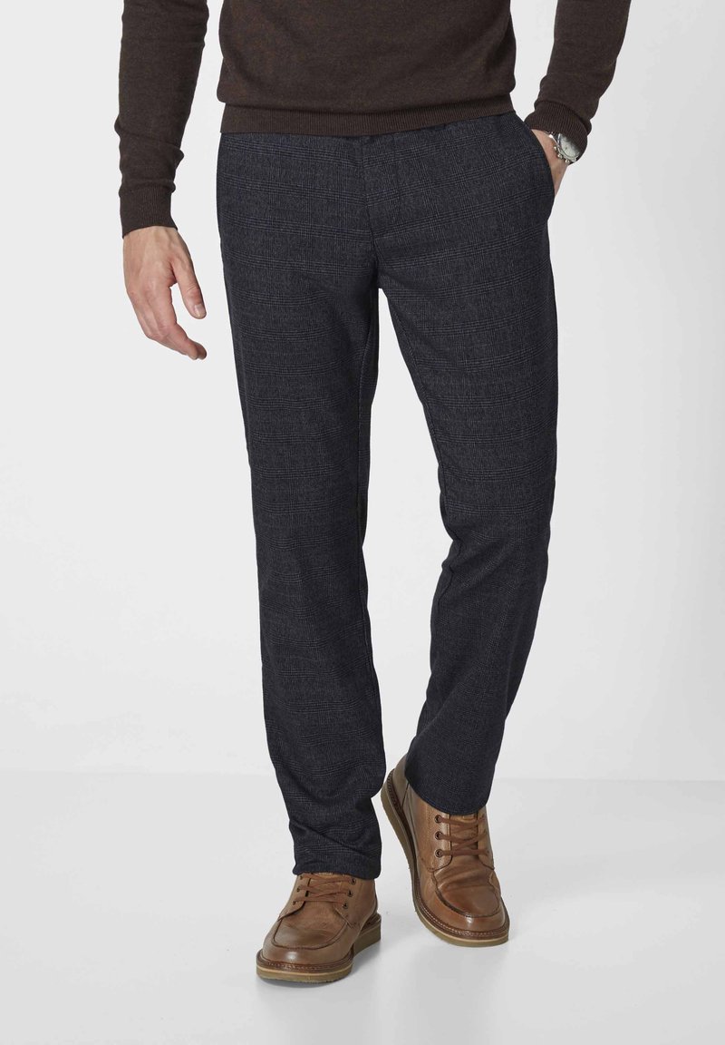 Dark gray textured trousers with a checkered pattern, straight-leg design, and side pockets, paired with brown leather shoes.