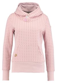 Sweat à capuche rose à manches longues avec petits pois foncés, une poche kangourou, des poignets côtelés et deux boutons près du col.