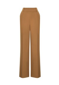Pantalon large marron à taille haute, doté de deux poches latérales et de détails de couture subtils. Confectionné en tissu lisse.