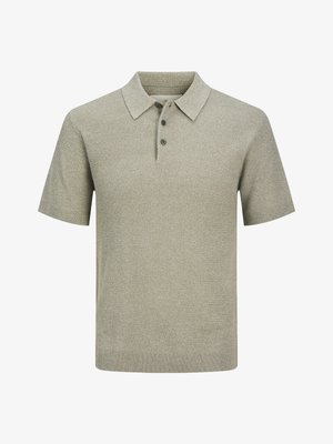 Light grey short-sleeve knit polo shirt with three dark buttons and a textured fabric pattern, displayed on a white background.