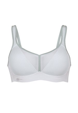 Reggiseno bianco in rete con coppe morbide, spalline regolabili e rifiniture grigio chiaro. Include un tessuto traspirante per il comfort e un design minimalista.