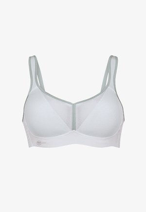 Witte mesh beha met zachte cups, verstelbare bandjes en een lichtgrijze bies. Bevat ademend materiaal voor comfort en een minimalistisch ontwerp.